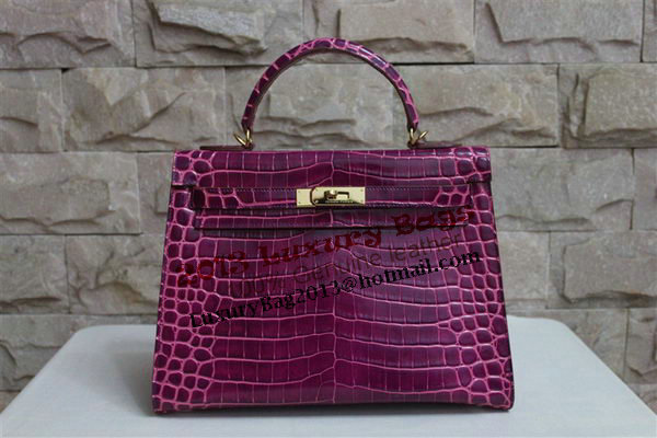 Hermes Kelly 32cm Shoulder Bag Purple Croco Patent Leather K32 Gold