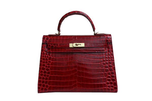 Hermes Kelly 32cm Shoulder Bag Red Croco Patent Leather K32 Gold