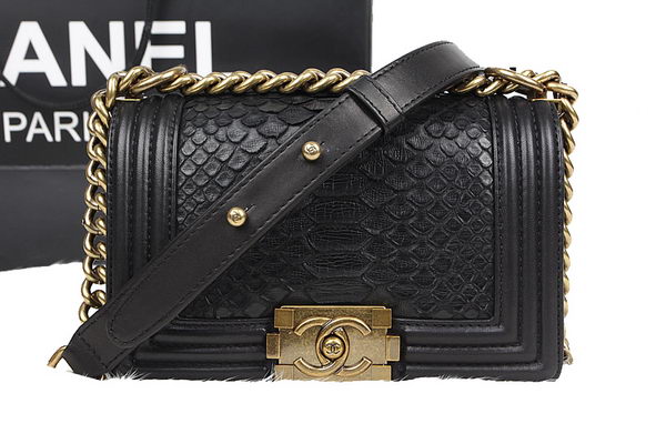 Chanel Boy Flap Shoulder Bag Black Original Python Leather A67085 Gold