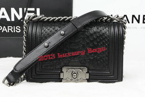 Chanel Boy Flap Shoulder Bag Black Original Python Leather A67085 Silver Chanel Boy Flap Shoulder Bag Black Original Python Leather A67085 Silver