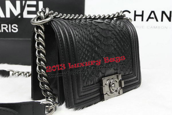 Chanel Boy Flap Shoulder Bag Black Original Python Leather A67085 Silver Chanel Boy Flap Shoulder Bag Black Original Python Leather A67085 Silver