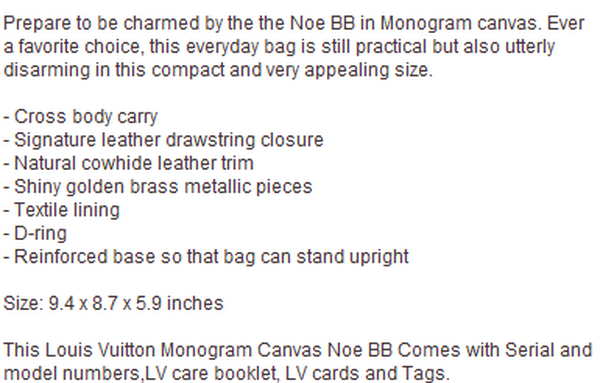 LOUIS VUITTON M40817 MONOGRAM CANVAS NOE BB LOUIS VUITTON M40817 MONOGRAM CANVAS NOE BB