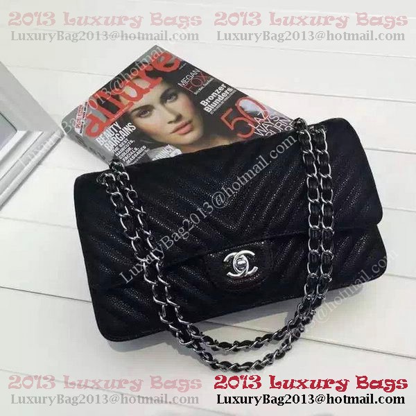 Chanel 2.55 Series Flap Bag Black Cannage Pattern Chevron Leather A1112V Silver