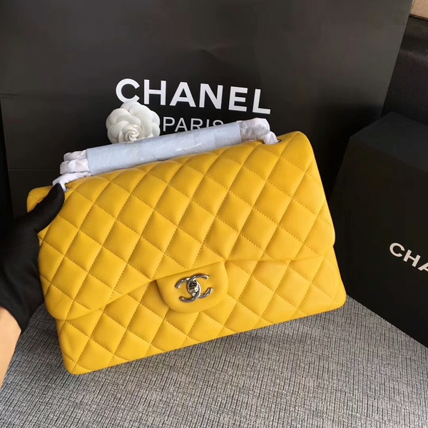 Chanel Flap Shoulder Bags Yellow Original Lambskin Leather CF1113 Silver Chanel Flap Shoulder Bags Yellow Original Lambskin Leather CF1113 Silver