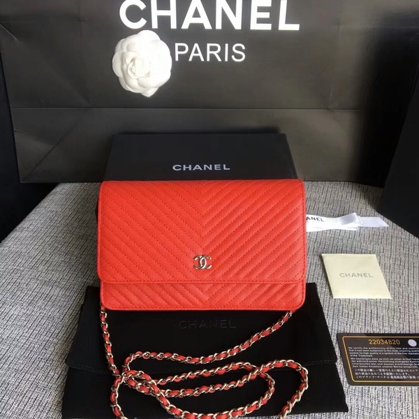 Chanel WOC Flap Shoulder Bag Red Calfskin Leather A33814 Silver Chanel WOC Flap Shoulder Bag Red Calfskin Leather A33814 Silver