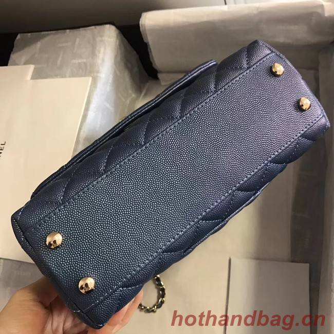 Chanel original Caviar leather flap bag top handle A92290 blue &gold-Tone Metal