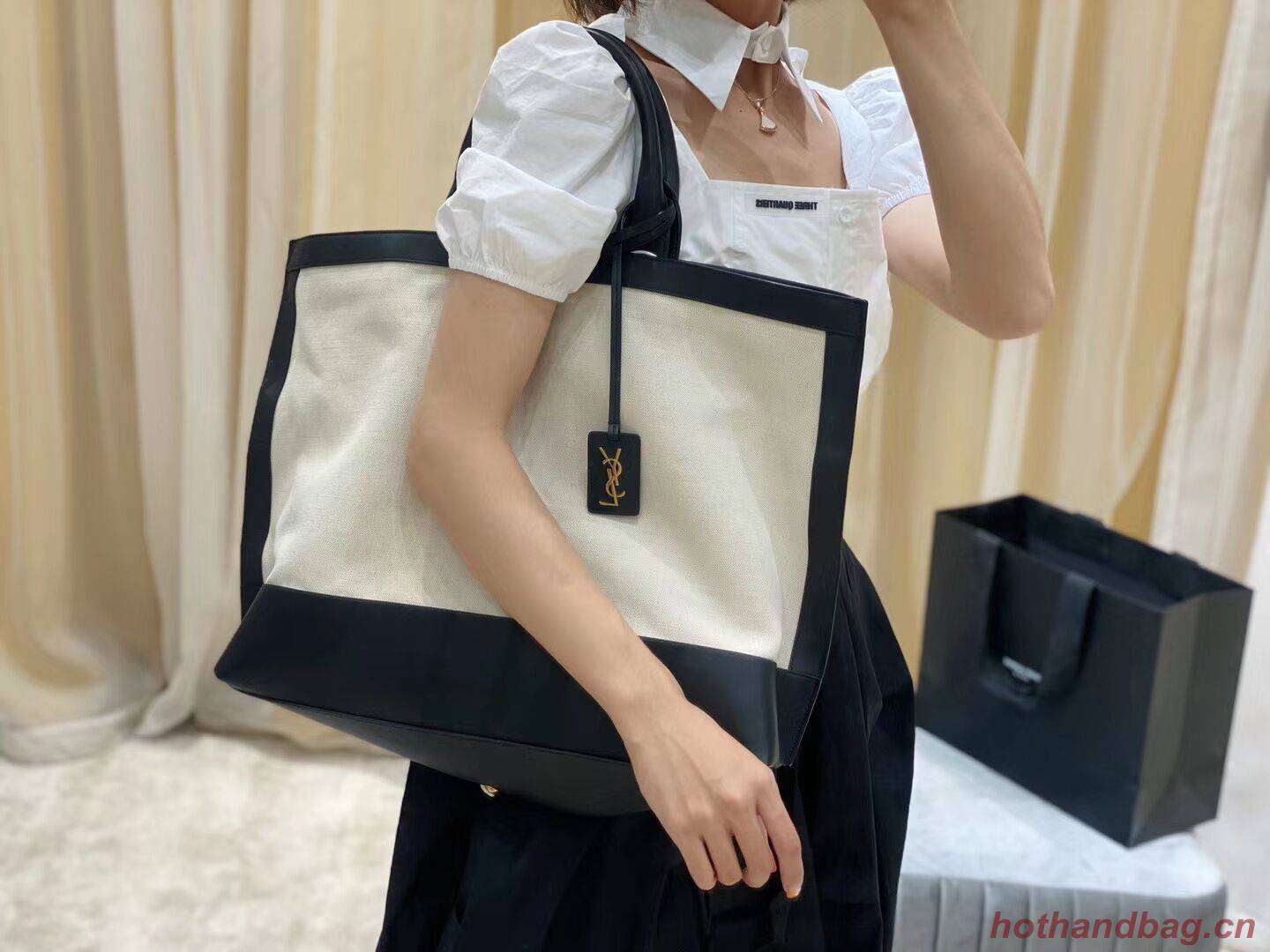 Yves Saint Laurent SHOPPING TAG IN CANVAS AND LEATHER Y615719 black&white