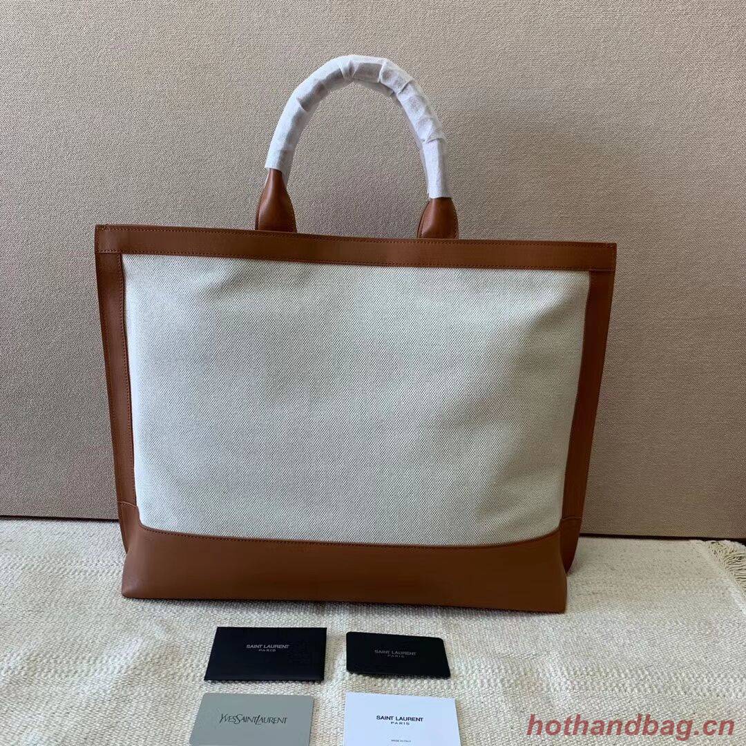 Yves Saint Laurent SHOPPING TAG IN CANVAS AND LEATHER Y615719 brown&white Yves Saint Laurent SHOPPING TAG IN CANVAS AND LEATHER Y615719 brown&white