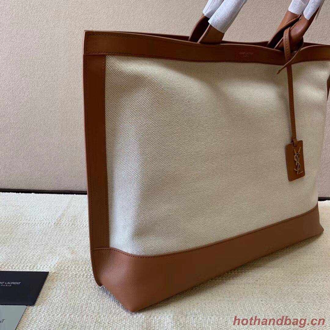 Yves Saint Laurent SHOPPING TAG IN CANVAS AND LEATHER Y615719 brown&white Yves Saint Laurent SHOPPING TAG IN CANVAS AND LEATHER Y615719 brown&white