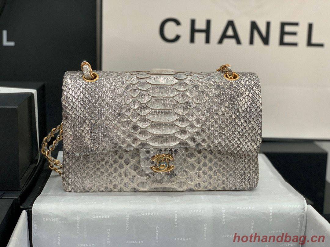 Chanel Classic Handbag Python Leather Silver A01112 Gold Hardware Chanel Classic Handbag Python Leather Silver A01112 Gold Hardware