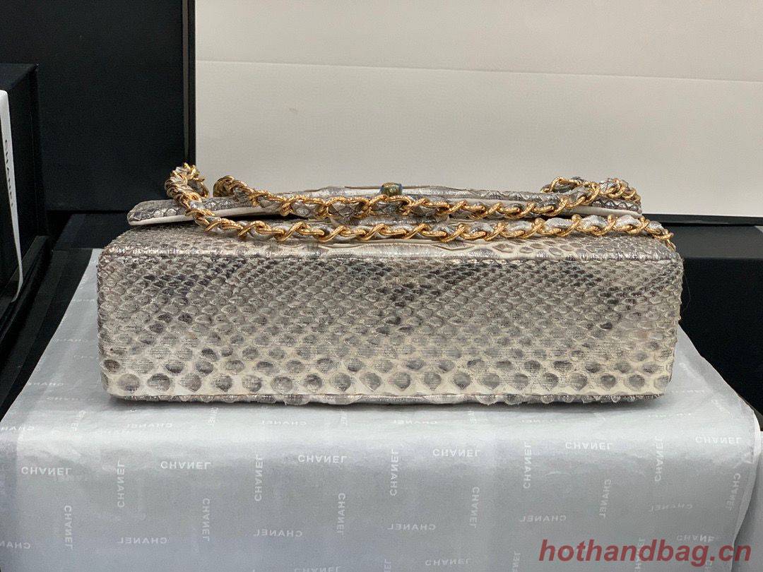 Chanel Classic Handbag Python Leather Silver A01112 Gold Hardware Chanel Classic Handbag Python Leather Silver A01112 Gold Hardware