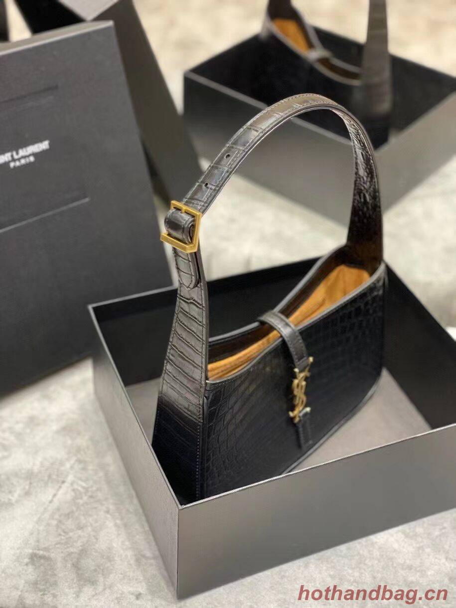 YSL LE 5 A 7 HOBO BAG IN CROCODILE-EMBOSSED SHINY LEATHER Y687228 black YSL LE 5 A 7 HOBO BAG IN CROCODILE-EMBOSSED SHINY LEATHER Y687228 black