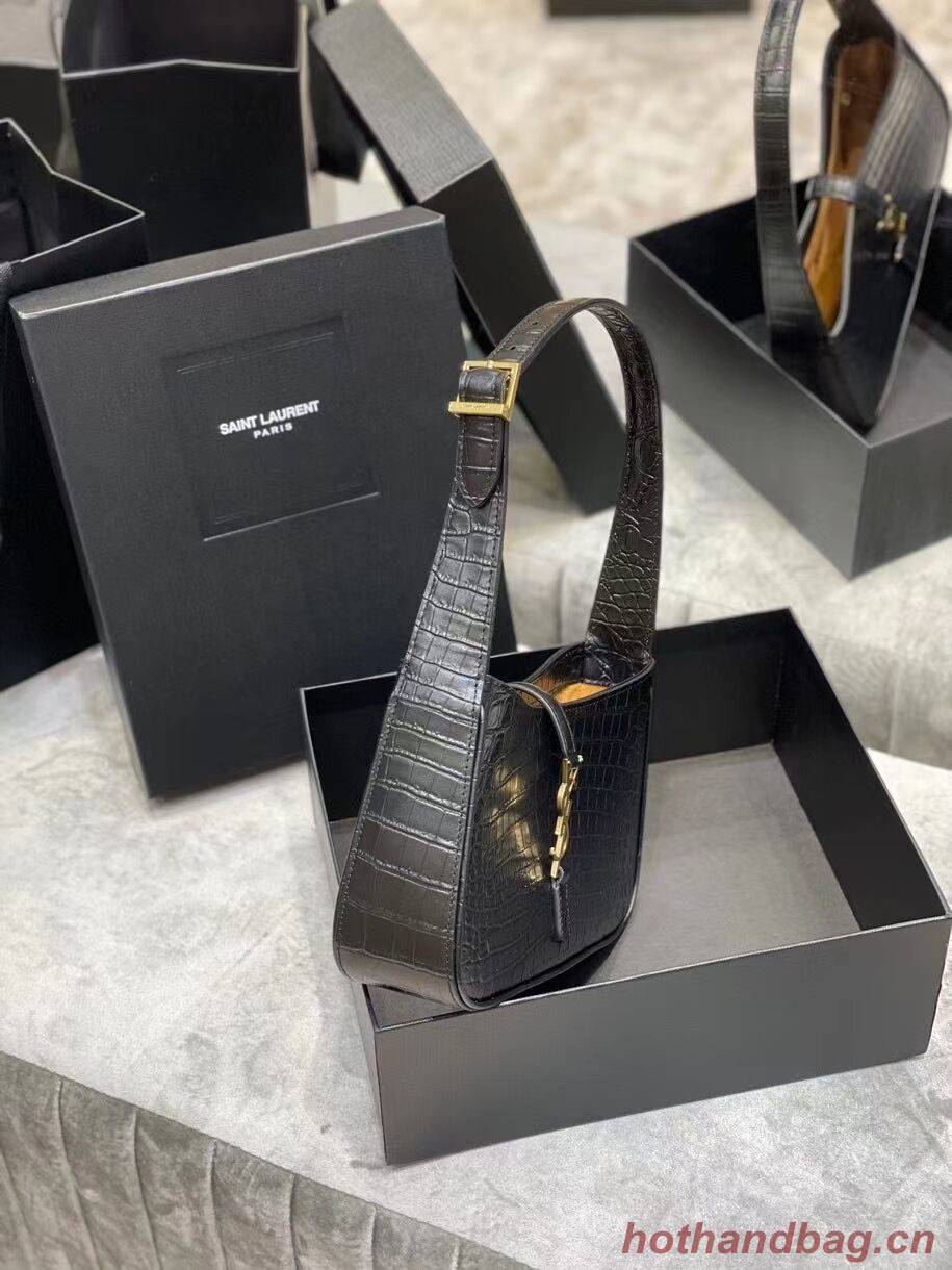 YSL LE 5 A 7 HOBO BAG IN CROCODILE-EMBOSSED SHINY LEATHER Y687228 black YSL LE 5 A 7 HOBO BAG IN CROCODILE-EMBOSSED SHINY LEATHER Y687228 black