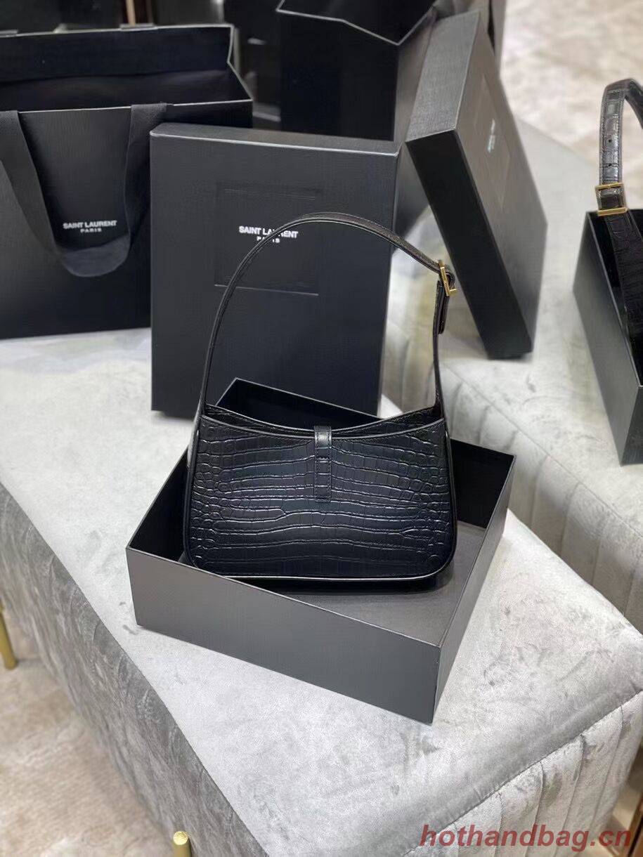 YSL LE 5 A 7 HOBO BAG IN CROCODILE-EMBOSSED SHINY LEATHER Y687228 black YSL LE 5 A 7 HOBO BAG IN CROCODILE-EMBOSSED SHINY LEATHER Y687228 black