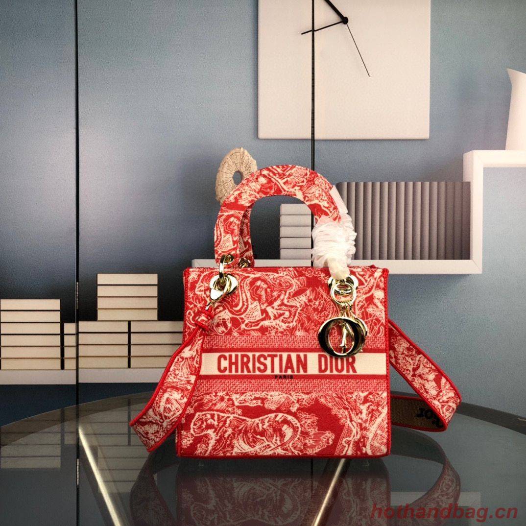 Dior MEDIUM LADY D-LITE BAG Flowers Embroidered Denim M0565OJA Red Dior MEDIUM LADY D-LITE BAG Flowers Embroidered Denim M0565OJA Red