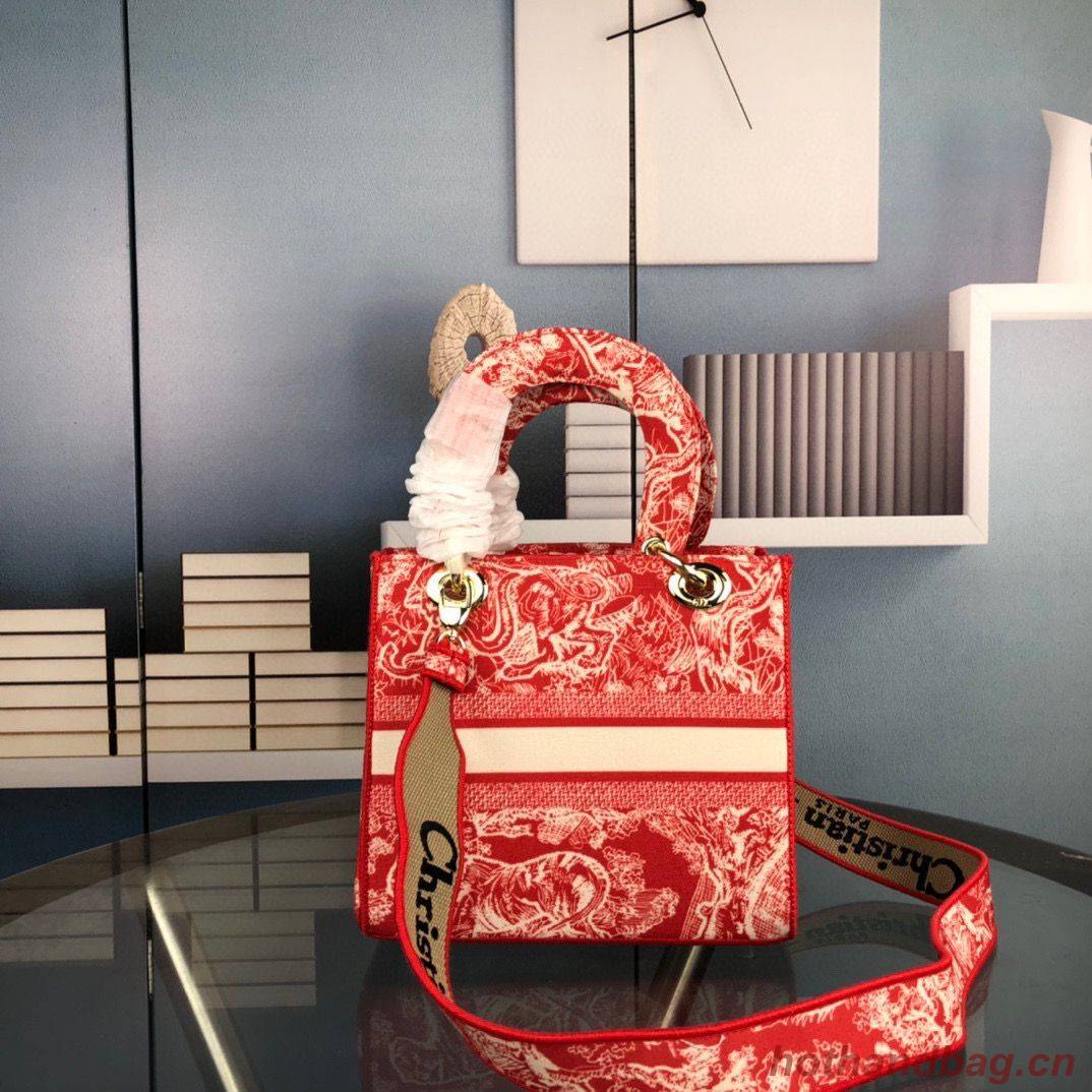 Dior MEDIUM LADY D-LITE BAG Flowers Embroidered Denim M0565OJA Red Dior MEDIUM LADY D-LITE BAG Flowers Embroidered Denim M0565OJA Red