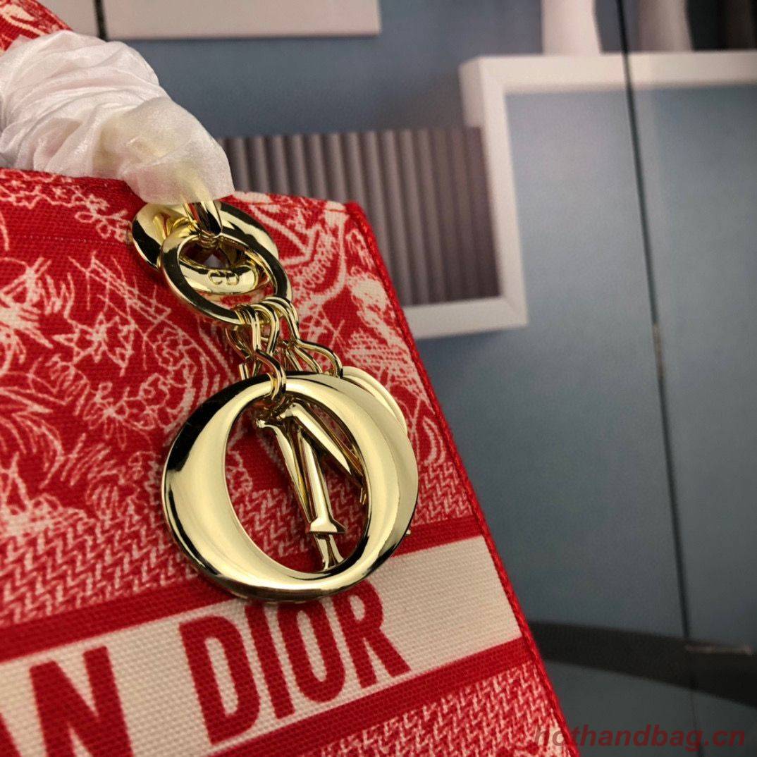 Dior MEDIUM LADY D-LITE BAG Flowers Embroidered Denim M0565OJA Red Dior MEDIUM LADY D-LITE BAG Flowers Embroidered Denim M0565OJA Red