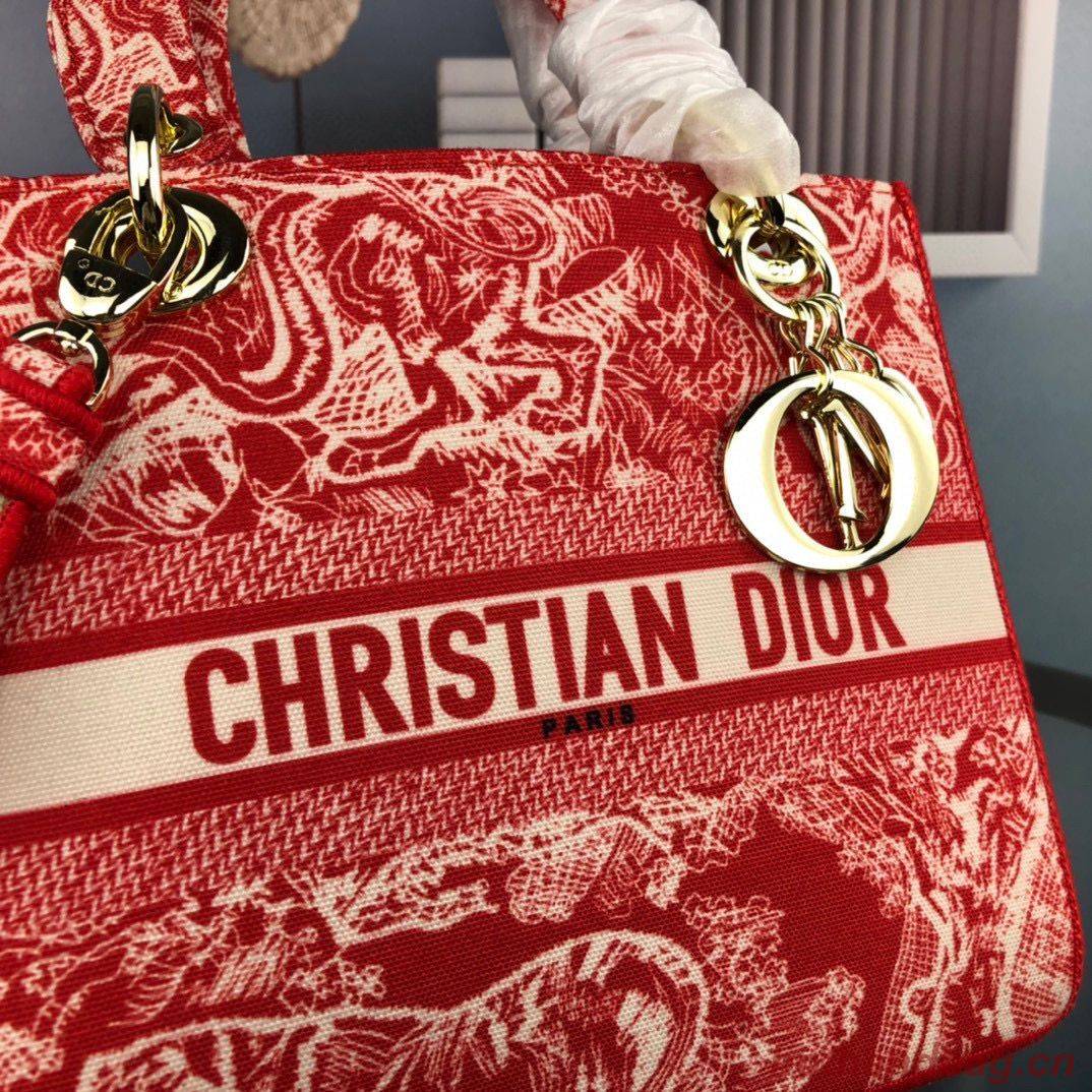 Dior MEDIUM LADY D-LITE BAG Flowers Embroidered Denim M0565OJA Red Dior MEDIUM LADY D-LITE BAG Flowers Embroidered Denim M0565OJA Red