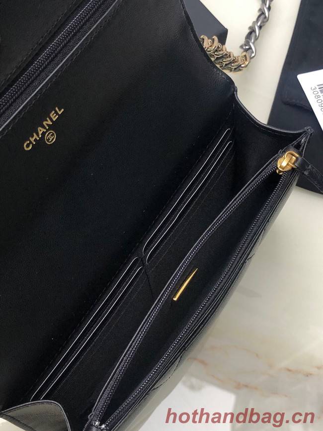 Chanel 19 Classic Sheepskin Leather Chain Wallet AP0957 black& silver-Tone Metal