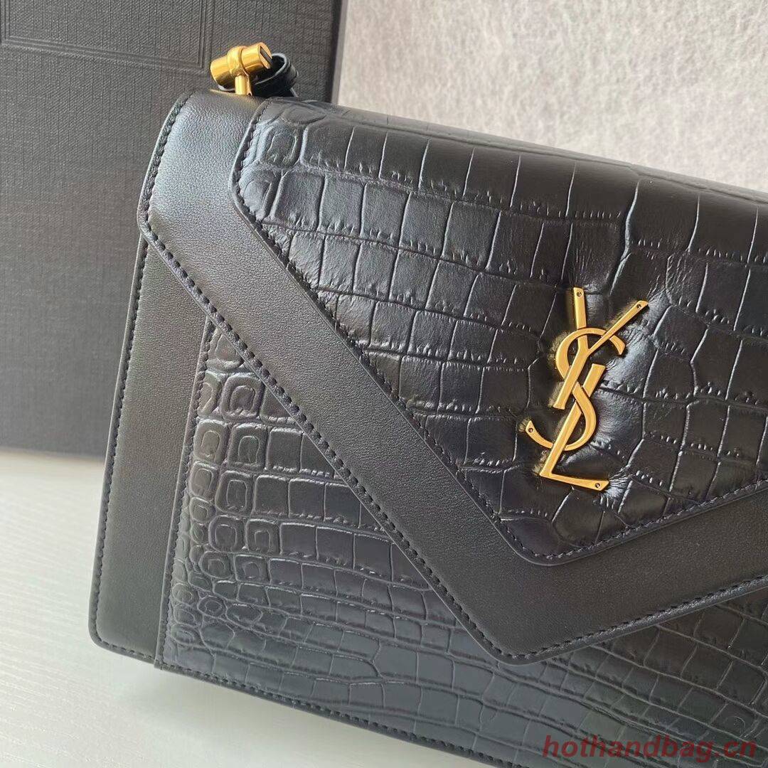 Yves Saint Laurent GABY SATCHEL IN CROCODILE-EMBOSSED LACQUERED LEATHER AND LAMBSKIN 695724 black Yves Saint Laurent GABY SATCHEL IN CROCODILE-EMBOSSED LACQUERED LEATHER AND LAMBSKIN 695724 black