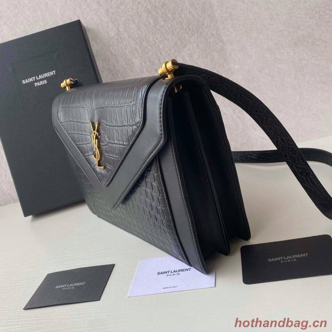 Yves Saint Laurent GABY SATCHEL IN CROCODILE-EMBOSSED LACQUERED LEATHER AND LAMBSKIN 695724 black Yves Saint Laurent GABY SATCHEL IN CROCODILE-EMBOSSED LACQUERED LEATHER AND LAMBSKIN 695724 black
