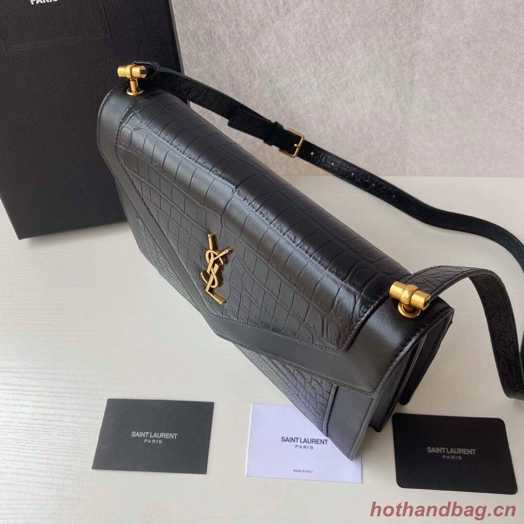 Yves Saint Laurent GABY SATCHEL IN CROCODILE-EMBOSSED LACQUERED LEATHER AND LAMBSKIN 695724 black Yves Saint Laurent GABY SATCHEL IN CROCODILE-EMBOSSED LACQUERED LEATHER AND LAMBSKIN 695724 black