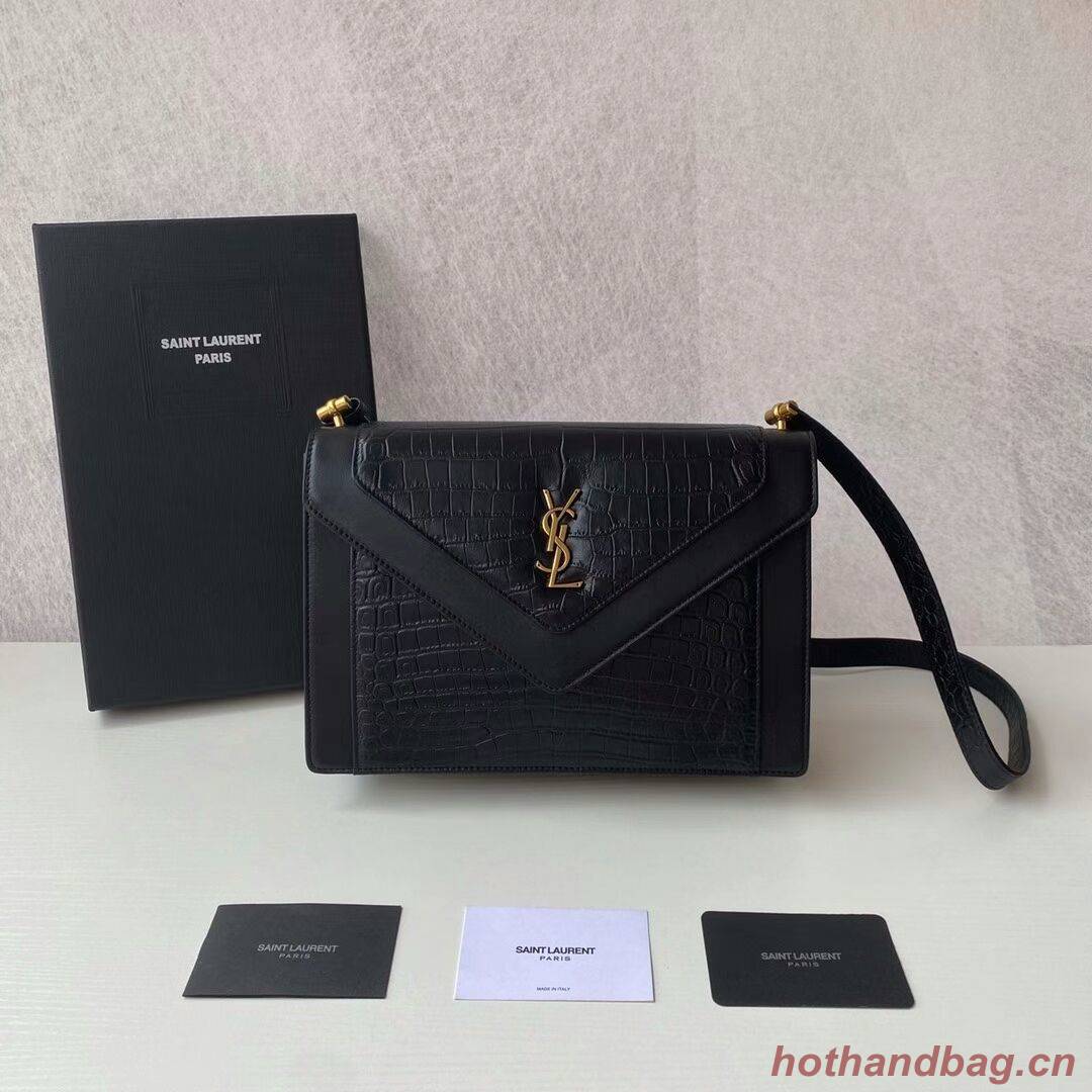 Yves Saint Laurent GABY SATCHEL IN CROCODILE-EMBOSSED LACQUERED LEATHER AND LAMBSKIN 695724 black Yves Saint Laurent GABY SATCHEL IN CROCODILE-EMBOSSED LACQUERED LEATHER AND LAMBSKIN 695724 black