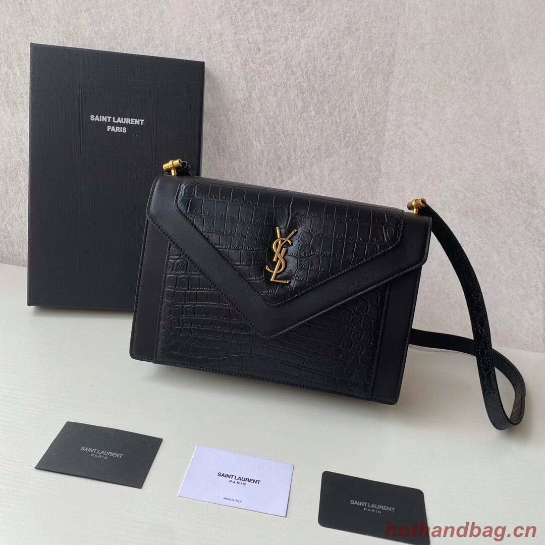 Yves Saint Laurent GABY SATCHEL IN CROCODILE-EMBOSSED LACQUERED LEATHER AND LAMBSKIN 695724 black Yves Saint Laurent GABY SATCHEL IN CROCODILE-EMBOSSED LACQUERED LEATHER AND LAMBSKIN 695724 black