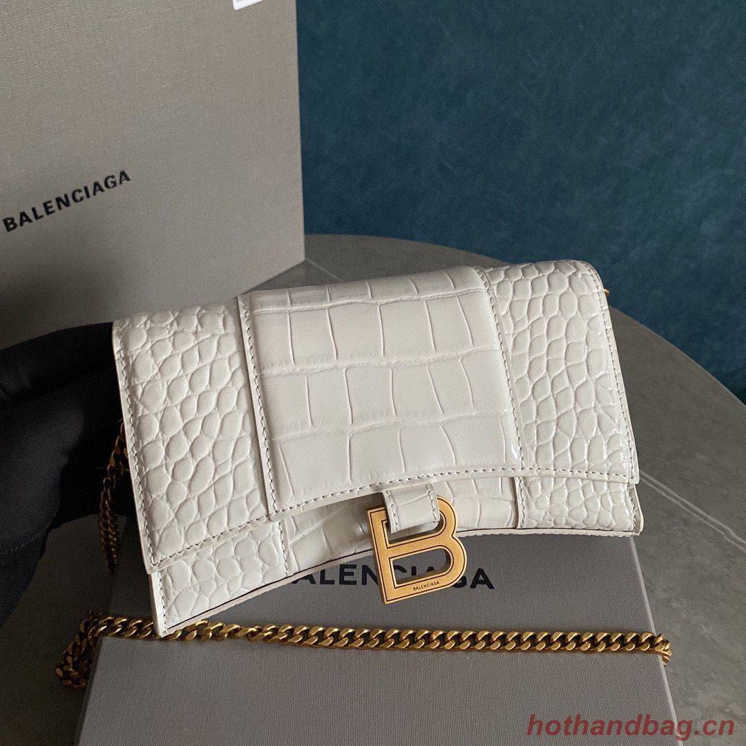 Balenciaga HOURGLASS Wallet With Chain Crocodile Embossed 656050 White Balenciaga HOURGLASS Wallet With Chain Crocodile Embossed 656050 White