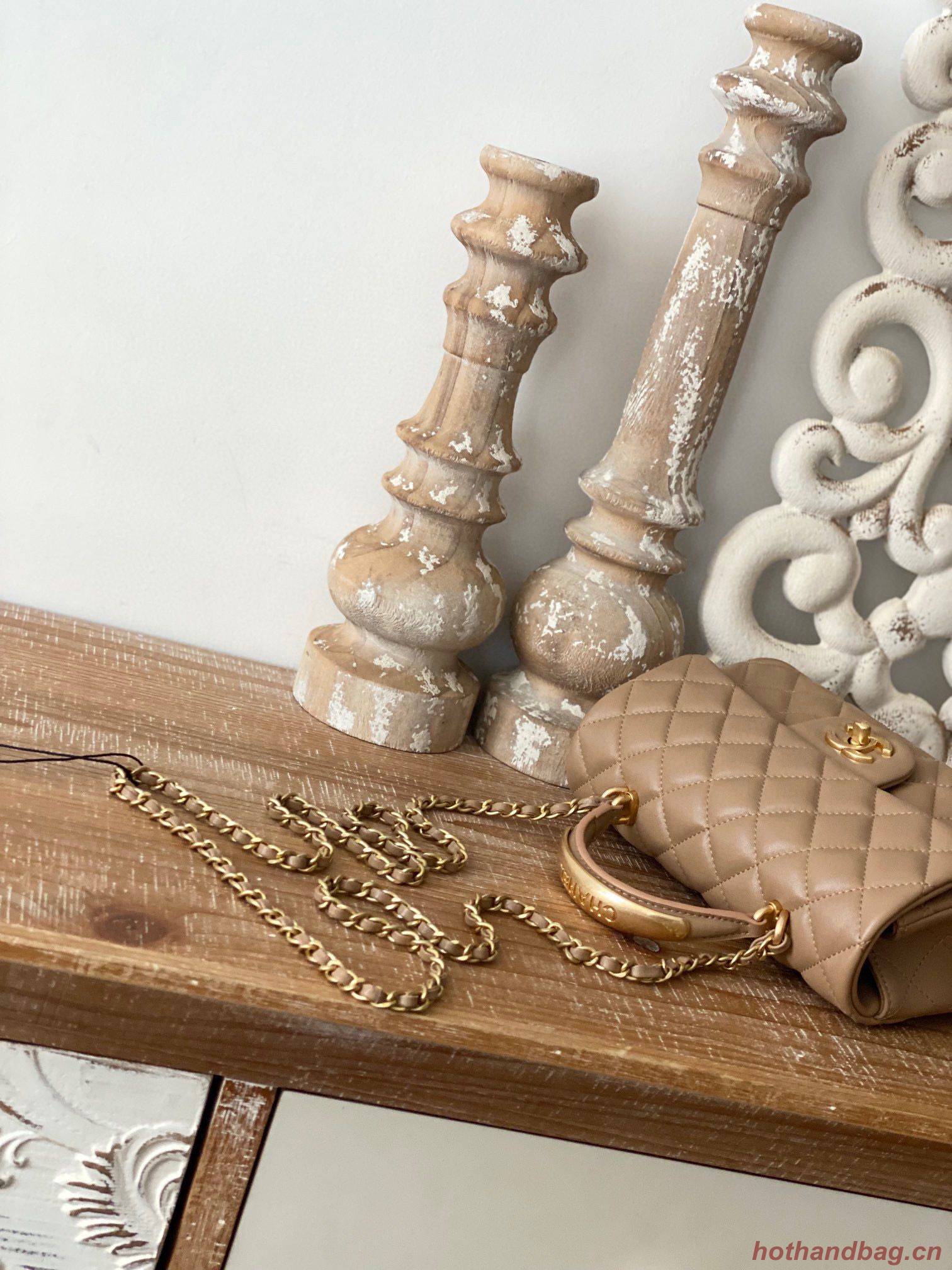 CHANEL 22B mini flap bag with Gold hardware top handle AS2431 Khaki CHANEL 22B mini flap bag with Gold hardware top handle AS2431 Khaki