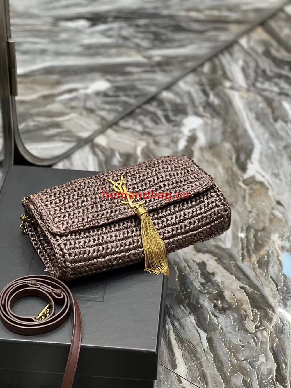 SAINT LAUREN KATE 99 CHAIN BAG WITH TASSEL IN RAFFIA Y664276 Coffee SAINT LAUREN KATE 99 CHAIN BAG WITH TASSEL IN RAFFIA Y664276 Coffee