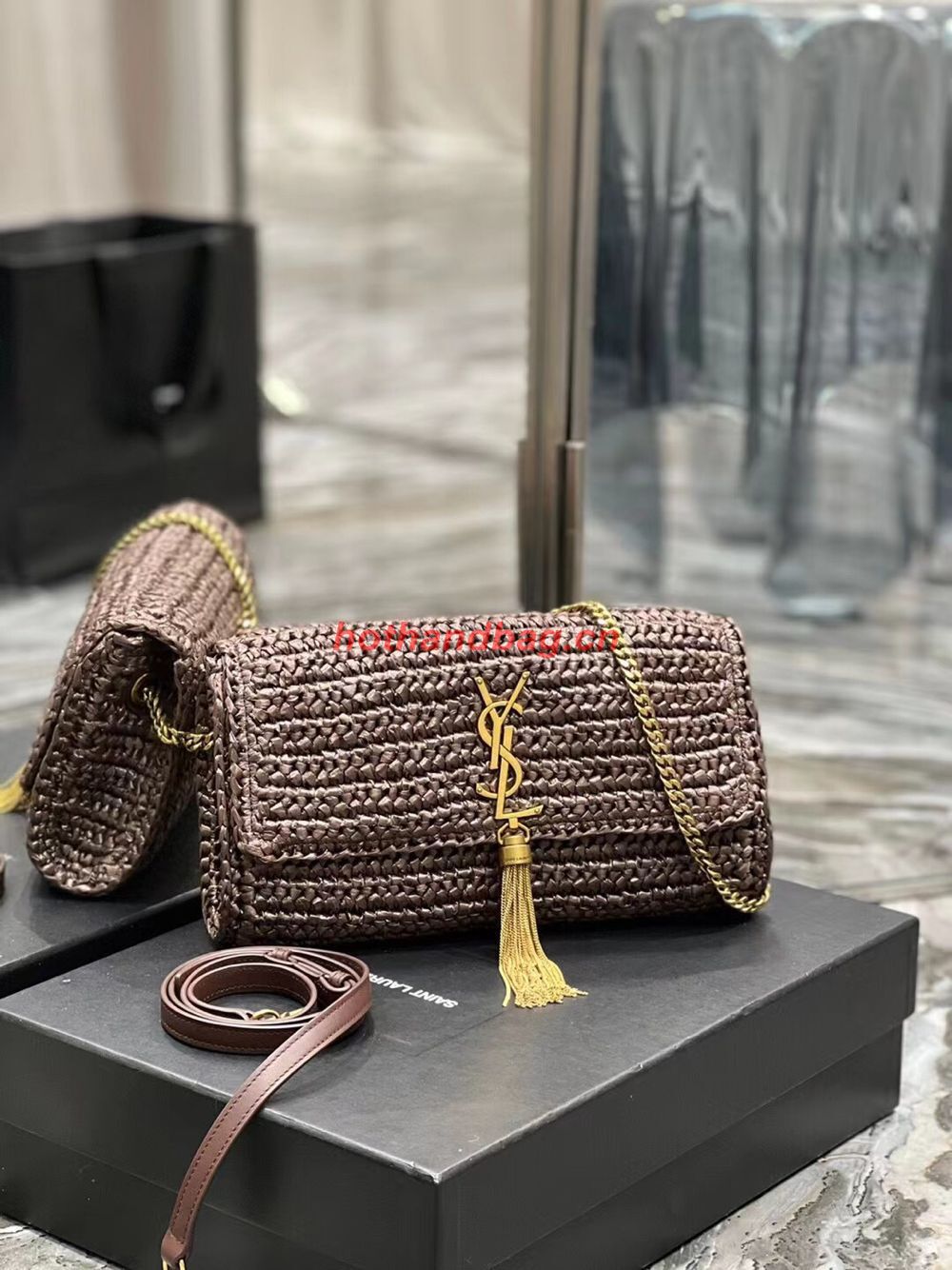 SAINT LAUREN KATE 99 CHAIN BAG WITH TASSEL IN RAFFIA Y664276 Coffee SAINT LAUREN KATE 99 CHAIN BAG WITH TASSEL IN RAFFIA Y664276 Coffee