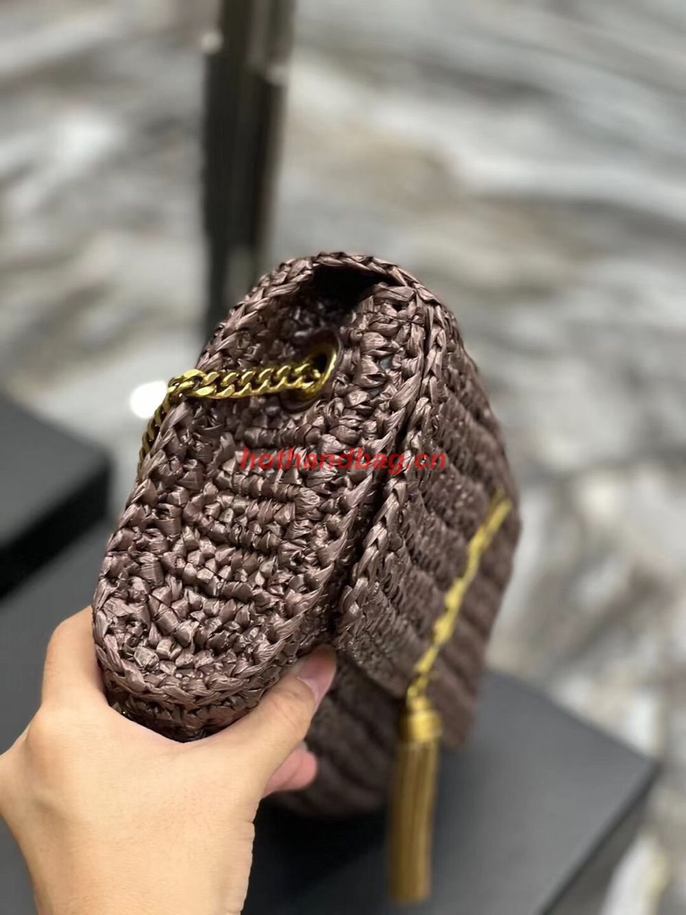 SAINT LAUREN KATE 99 CHAIN BAG WITH TASSEL IN RAFFIA Y664276 Coffee SAINT LAUREN KATE 99 CHAIN BAG WITH TASSEL IN RAFFIA Y664276 Coffee