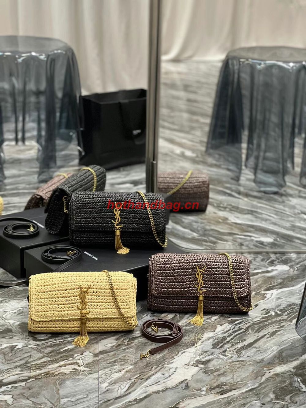 SAINT LAUREN KATE 99 CHAIN BAG WITH TASSEL IN RAFFIA Y664276 Coffee SAINT LAUREN KATE 99 CHAIN BAG WITH TASSEL IN RAFFIA Y664276 Coffee