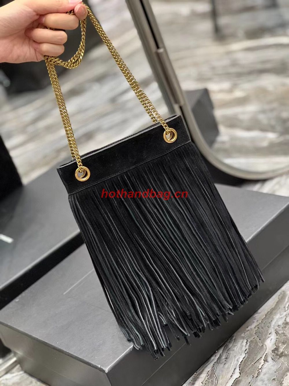 SAINT LAURENT SMALL CHAIN BAG IN LIGHT SUEDE WITH FRINGES 683378 BLACK SAINT LAURENT SMALL CHAIN BAG IN LIGHT SUEDE WITH FRINGES 683378 BLACK