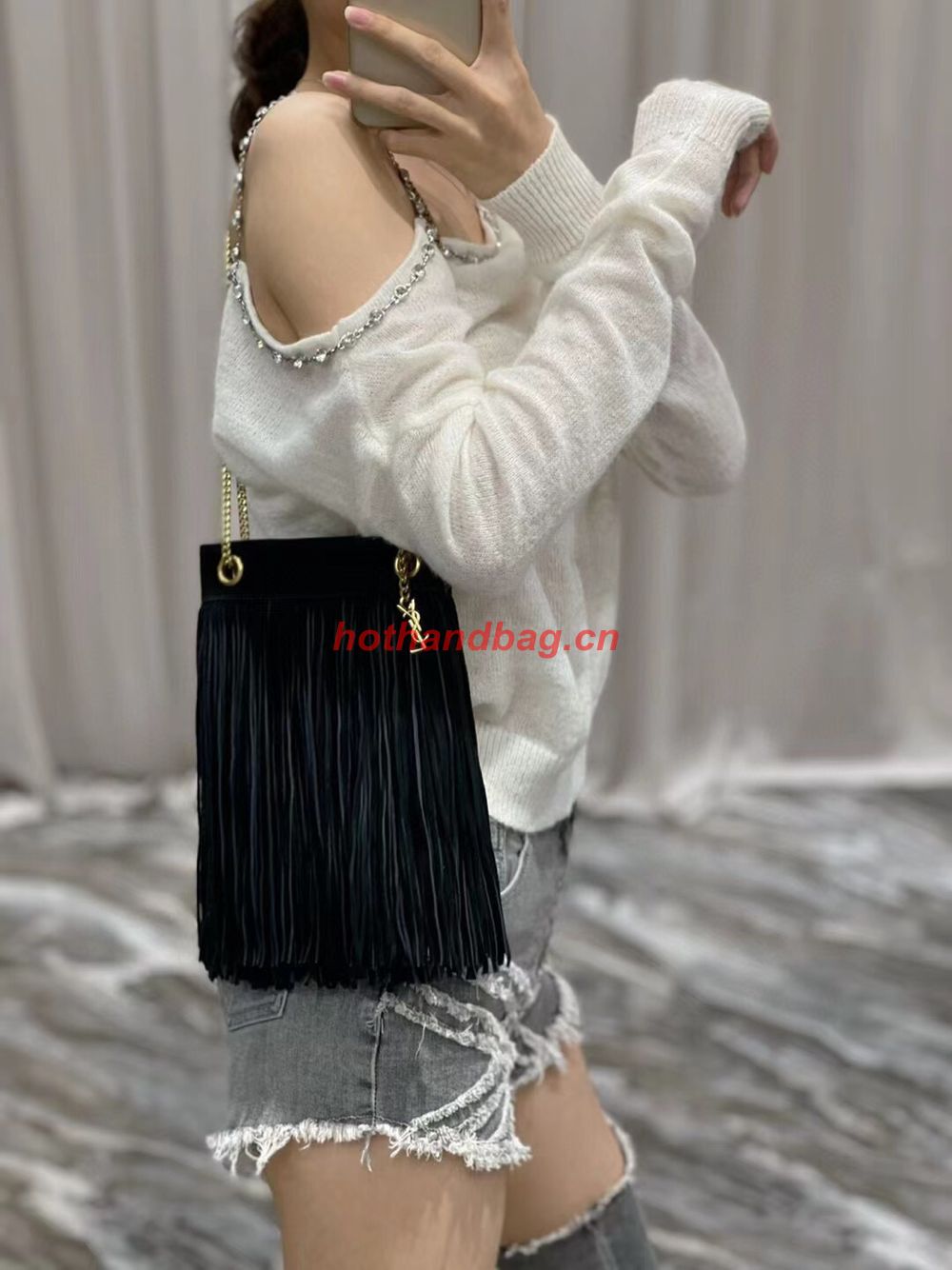 SAINT LAURENT SMALL CHAIN BAG IN LIGHT SUEDE WITH FRINGES 683378 BLACK SAINT LAURENT SMALL CHAIN BAG IN LIGHT SUEDE WITH FRINGES 683378 BLACK