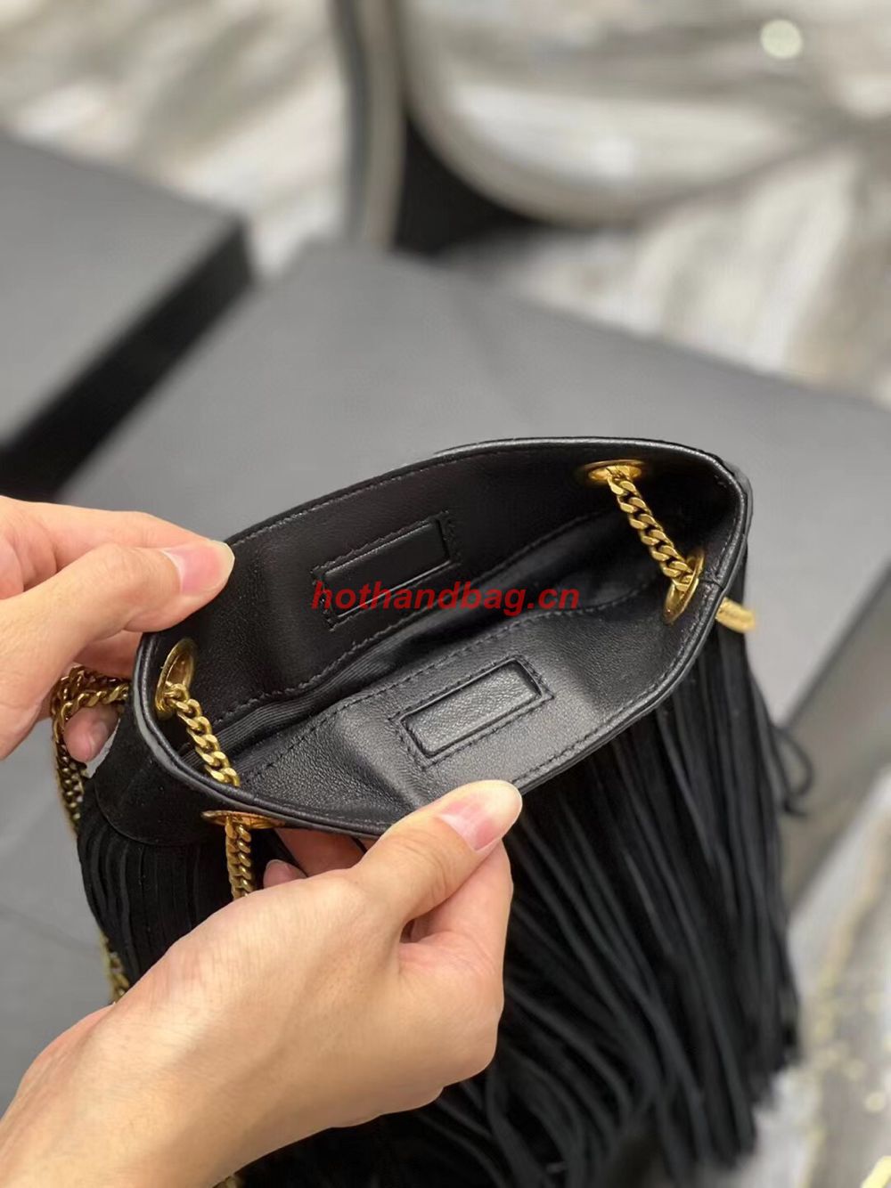 SAINT LAURENT SMALL CHAIN BAG IN LIGHT SUEDE WITH FRINGES 683378 BLACK SAINT LAURENT SMALL CHAIN BAG IN LIGHT SUEDE WITH FRINGES 683378 BLACK