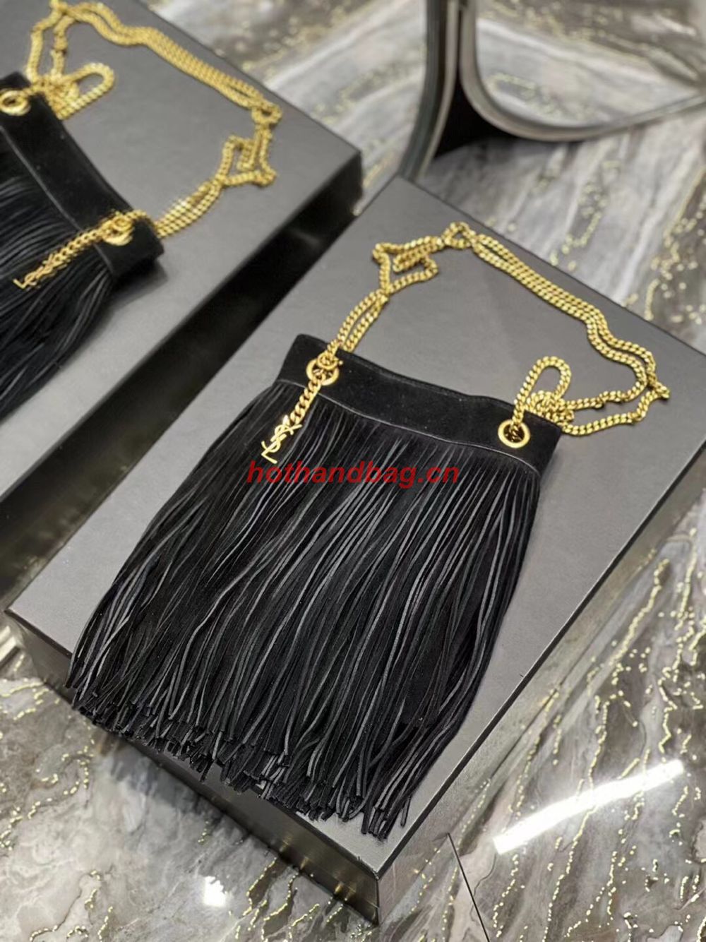 SAINT LAURENT SMALL CHAIN BAG IN LIGHT SUEDE WITH FRINGES 683378 BLACK SAINT LAURENT SMALL CHAIN BAG IN LIGHT SUEDE WITH FRINGES 683378 BLACK
