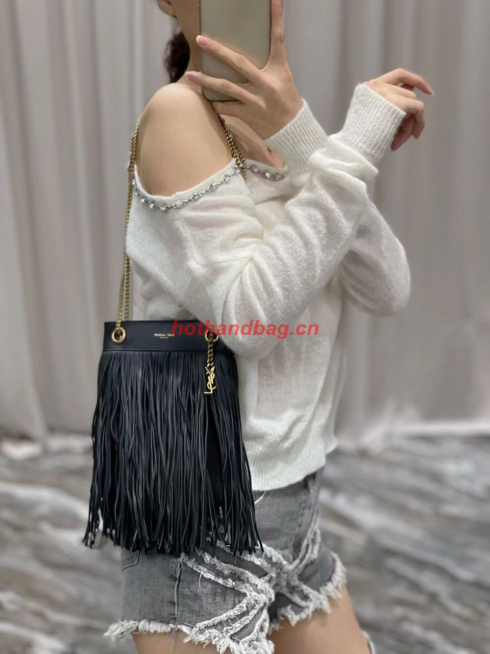 SAINT LAURENT SMALL CHAIN BAG IN SMOOTH LEATHER WITH FRINGES 683378 BLACK SAINT LAURENT SMALL CHAIN BAG IN SMOOTH LEATHER WITH FRINGES 683378 BLACK