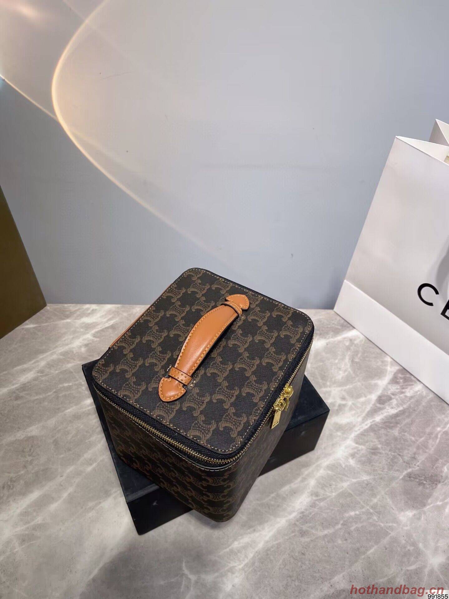 Celine Square Vanity Case In Triomphe Canvas And Calfskin 956437 Tan Celine Square Vanity Case In Triomphe Canvas And Calfskin 956437 Tan