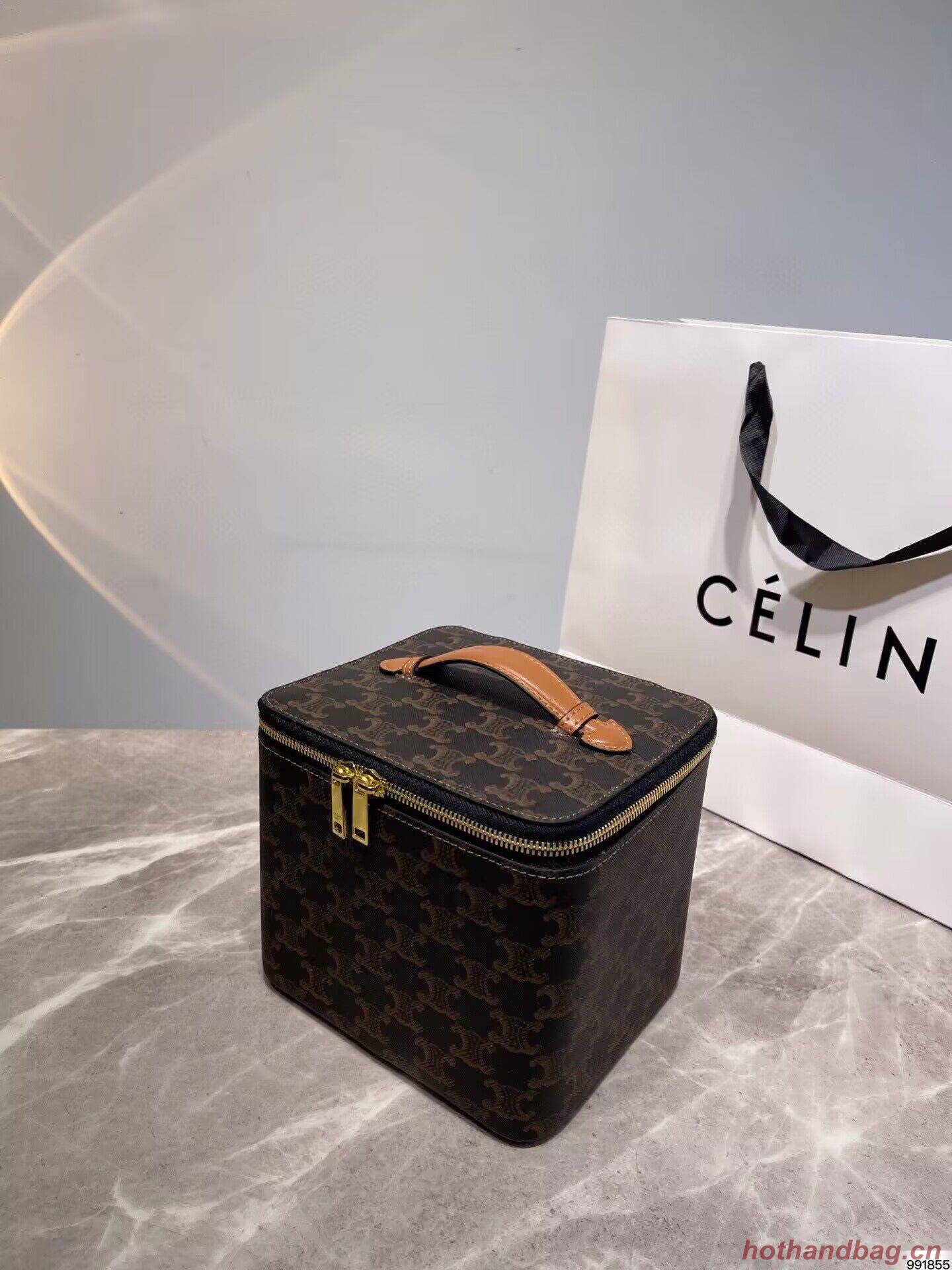 Celine Square Vanity Case In Triomphe Canvas And Calfskin 956437 Tan Celine Square Vanity Case In Triomphe Canvas And Calfskin 956437 Tan