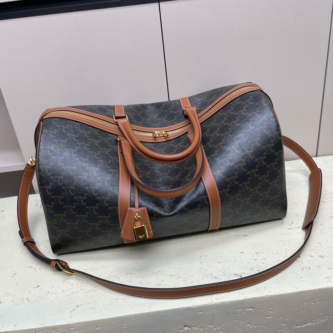 CELINE MEDIUM VOYAGE BAG IN TRIOMPHE CANVAS WITH CELINE PRINT 190662 TAN CELINE MEDIUM VOYAGE BAG IN TRIOMPHE CANVAS WITH CELINE PRINT 190662 TAN