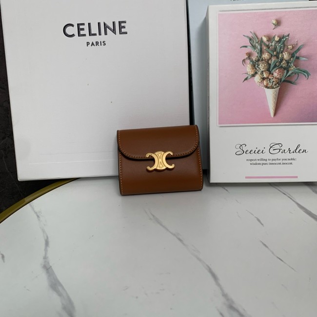 Celine SMALL FLAP WALLET TRIOMPHE IN SHINY CALFSKIN 10D783 TAN