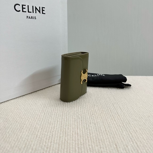 Celine TRIOMPHE COMPACT WALLET IN SHINY CALFSKIN 10K623 dark green