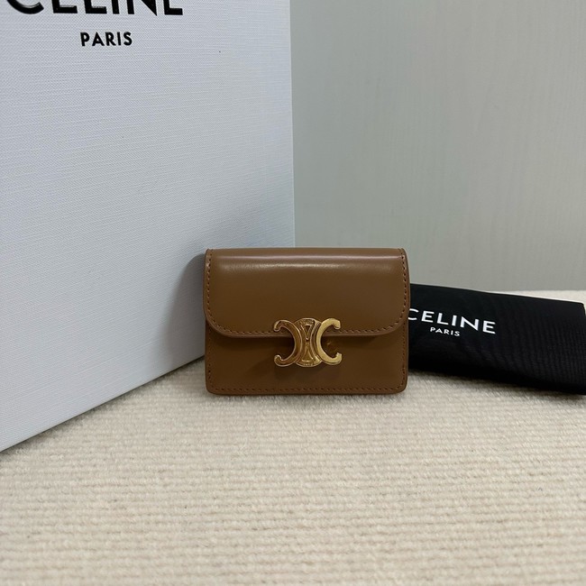 Celine CARD HOLDER WITH FLAP TRIOMPHE IN SHINY CALFSKIN 10I583 Khaki
