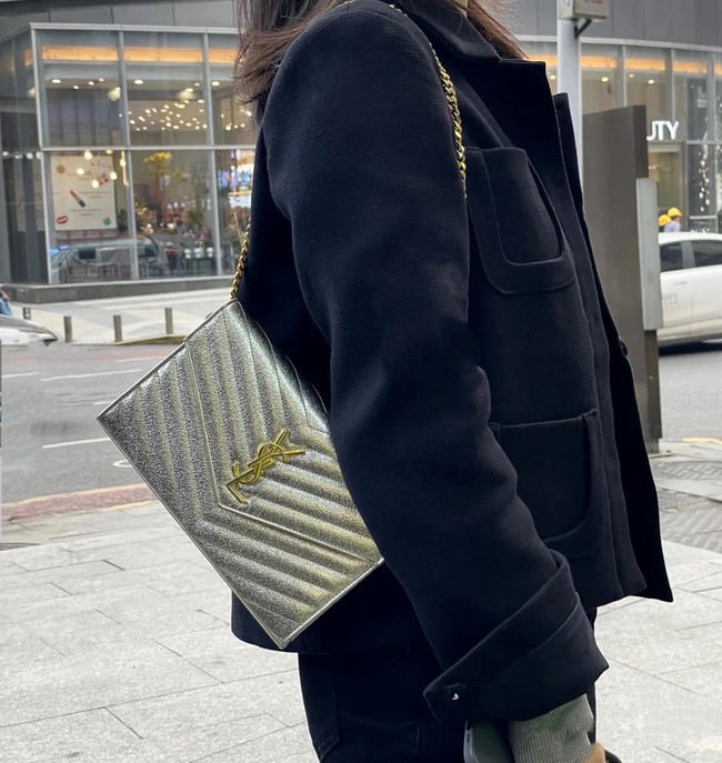 SAINT LAUREN CASSANDRE MATELASSE CHAIN WALLET IN GRAIN DE POUDRE EMBOSSED LEATHER 377828 Silver