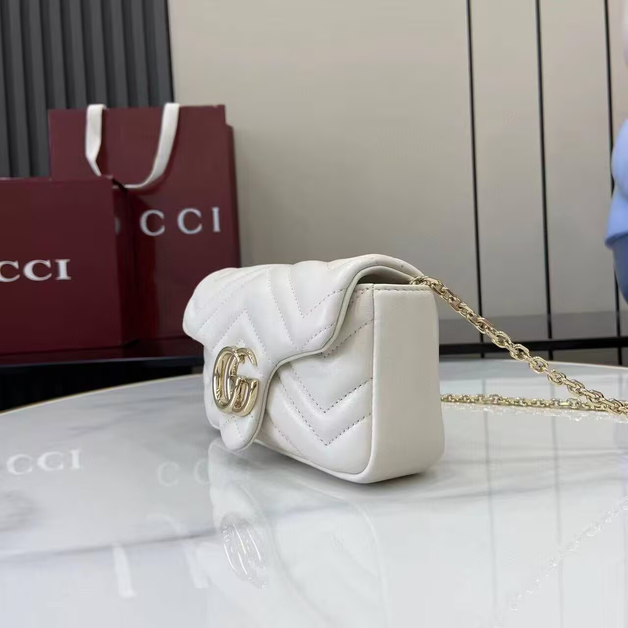 GUCCI GG MARMONT MINI SHOULDER BAG 841290 White&Light Gold-Tone GUCCI GG MARMONT MINI SHOULDER BAG 841290 White&Light Gold-Tone