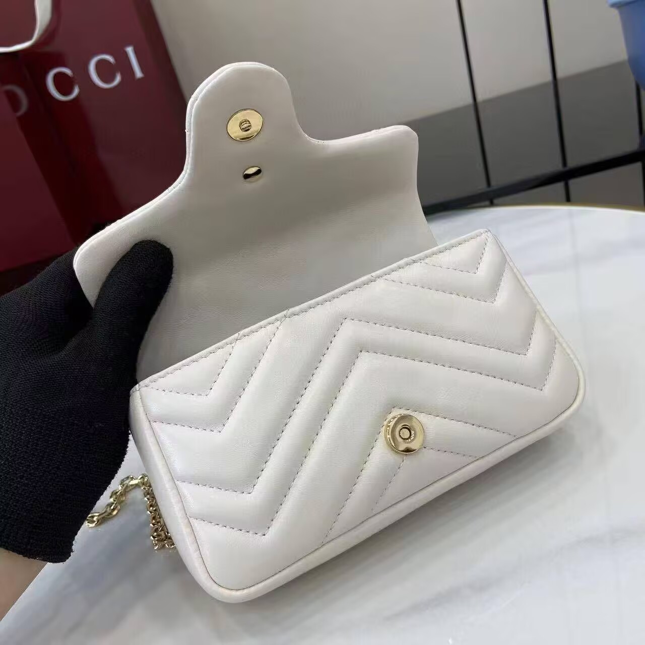 GUCCI GG MARMONT MINI SHOULDER BAG 841290 White&Light Gold-Tone GUCCI GG MARMONT MINI SHOULDER BAG 841290 White&Light Gold-Tone