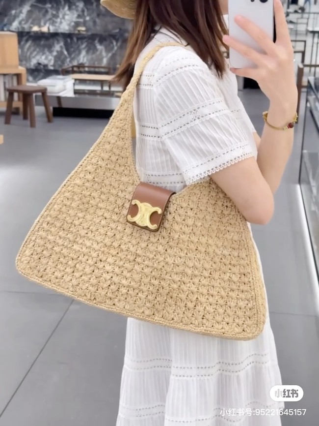 CELINE CABAS TRIANGLE IN RAFFIA AND CALFSKIN 119772 NATURAL / TAN