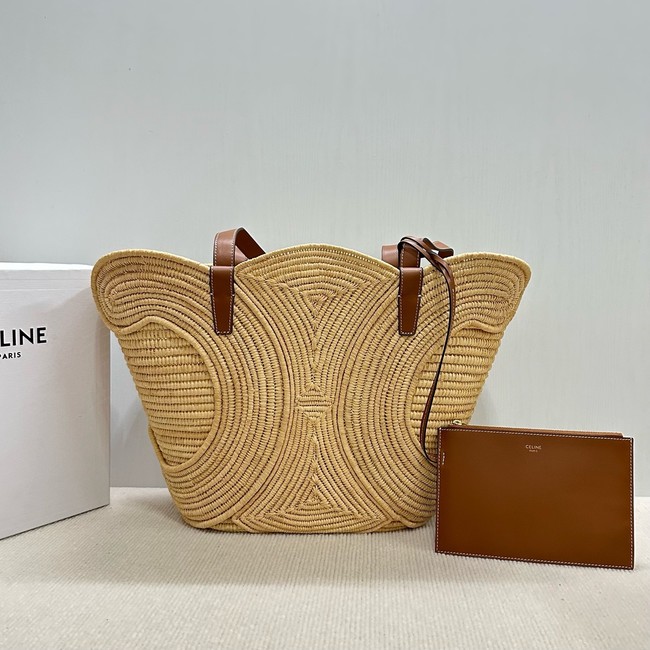 CELINE CLASSIC PANIER SMALL BRAIDED TRIOMPHE in RAFFIA and CALFSKIN 116982 NATURAL & TAN